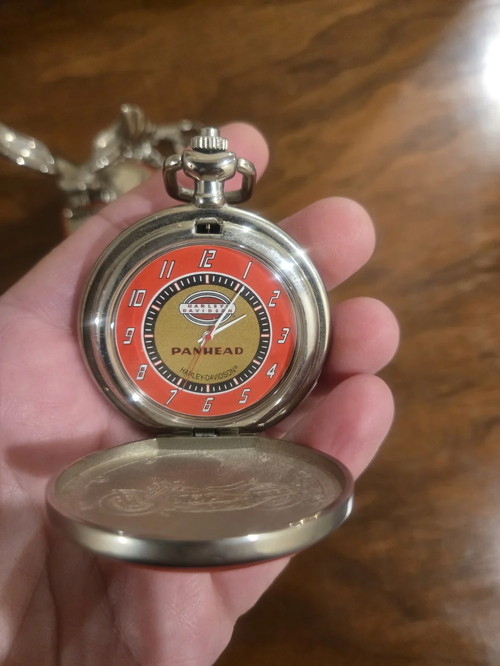 Harley-Davidson Silver and Red Emblem Pocket Watch with Stand